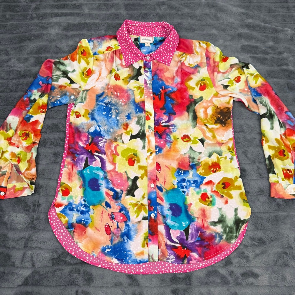 Beige by eci Floral Polka Dot Mixed Media Button Down Shirt Pink Multi Womens M
